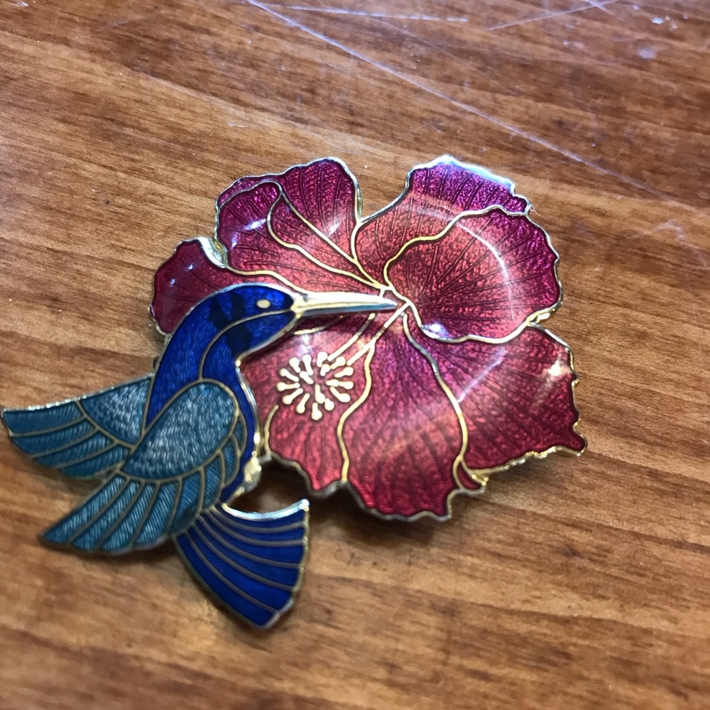 Crown Jewelry Cloissonne Enamel Hummingbird Hibiscus Brooch Pin Signed
